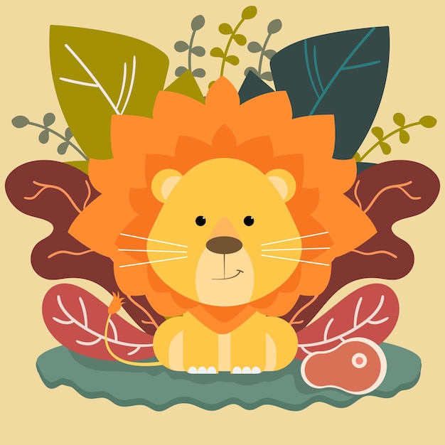 cute baby lion on leaves background illustration