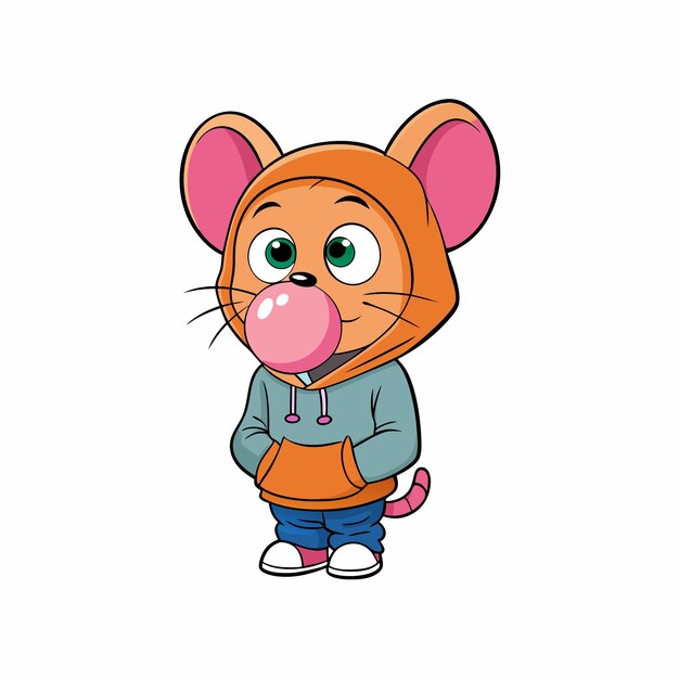 Vector cute baby mouse blowing gum with hoodie cartoon illustration