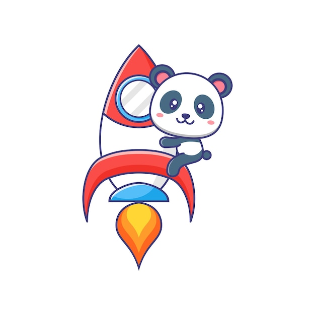 Cute baby panda riding rocket cartoon illustration isolated