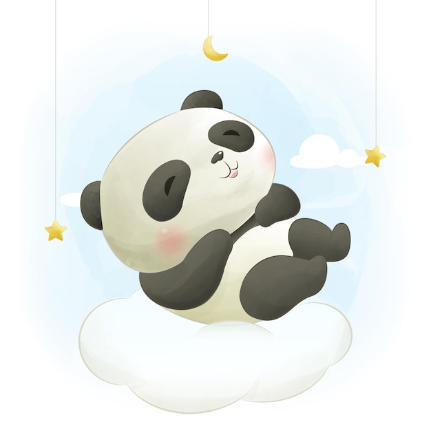 Cute baby panda sleeping on the cloud watercolor hand drawn illustration