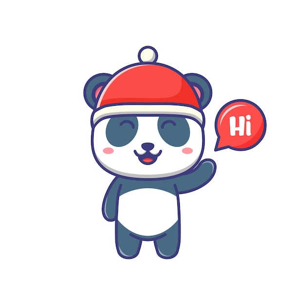 Cute baby panda wearing red hat and say hi cartoon illustration isolated