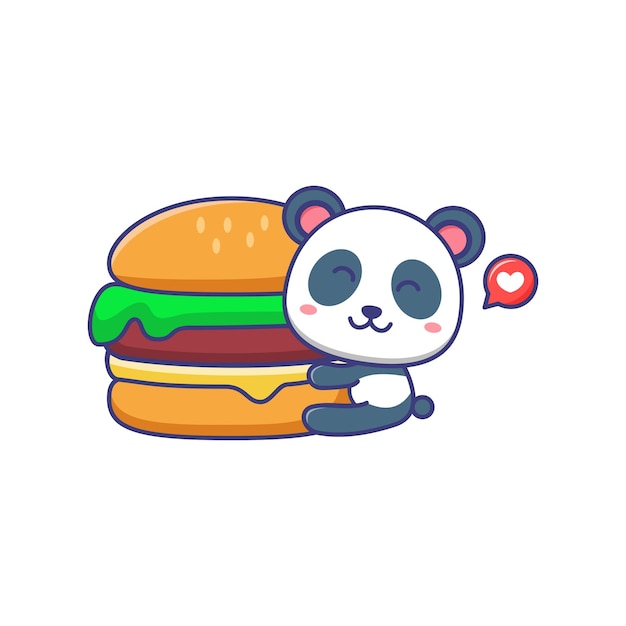 Cute baby panda with burger cartoon illustration isolated