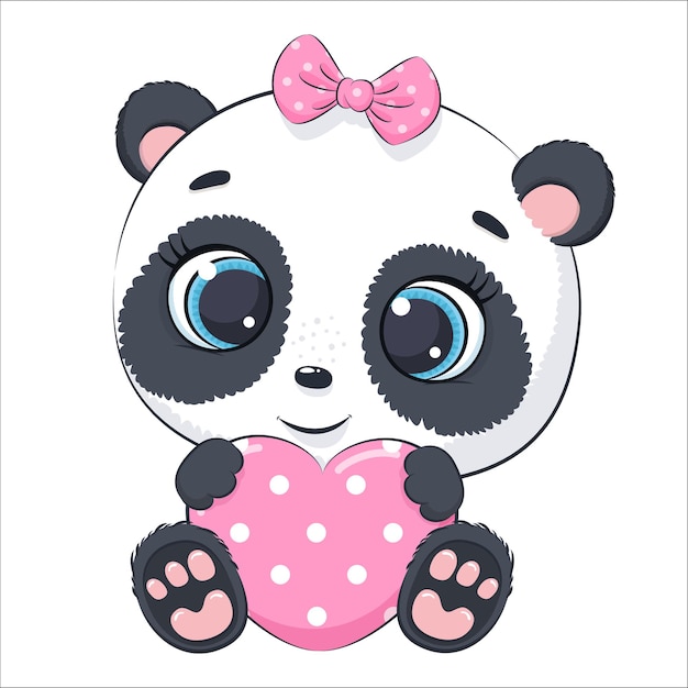 Cute baby panda with a heart. Cartoon vector illustration.