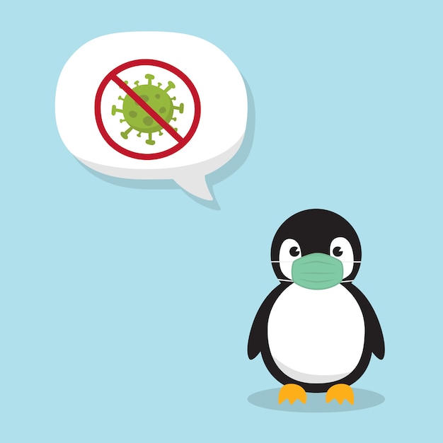 Cute Baby Penguin wearing medical mask on sky blue background. Coronavirus (COVID-19)  Illustration.