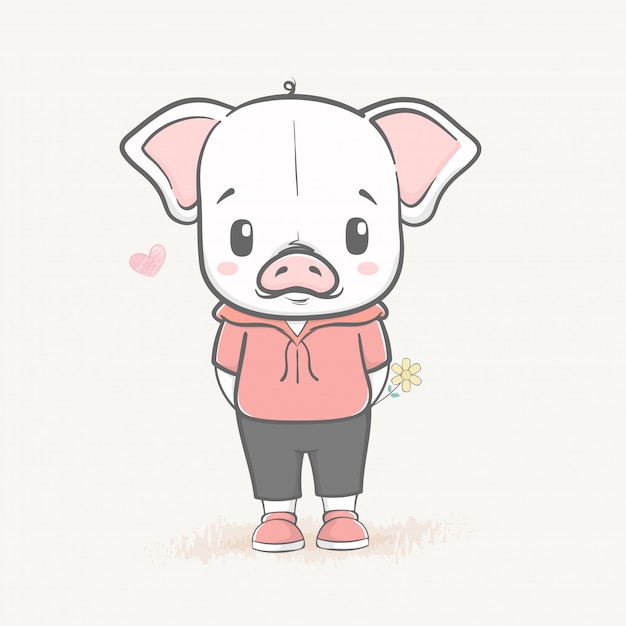 Cute baby pig with a flower cartoon hand drawn