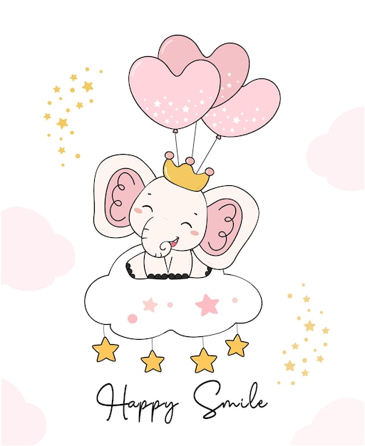 Cute baby pink elephant woodland prince on cloud happy smile birthday greeting card cartoon vector