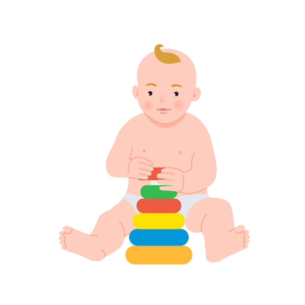 Cute baby playing with colorful rainbow toy pyramid. Toys for little kids. Child with developing toy. Early development.  .