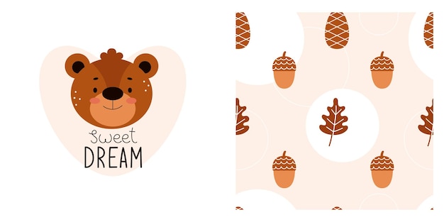 Cute baby print for pajamas or bedding. Forest animals for printing on fabric. Lettering for children, sweet dreams. Adorable teddy bear. Vector illustration