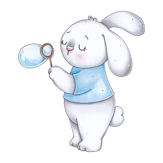 Cute baby rabbit bunny with a soap bubble