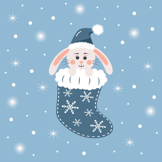 A cute baby rabbit in a Christmas sock New Year character with snow and lights