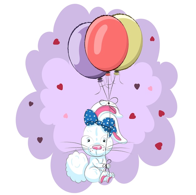 Cute baby rabbit with balloons cartoon hand drawn