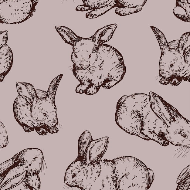 Cute baby rabbits seamless pattern Ornament of bunnies pretty animals Vector illustration in retro engraving style Abstract design for wallpaper decor wrap background textile