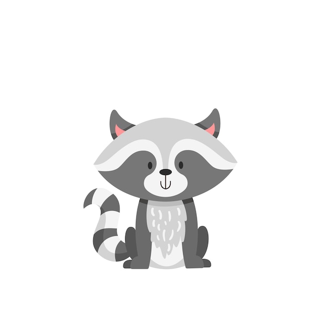 Cute Baby Raccoon in cartoon style. Children illustration in flat cartoon vector isolated on white background