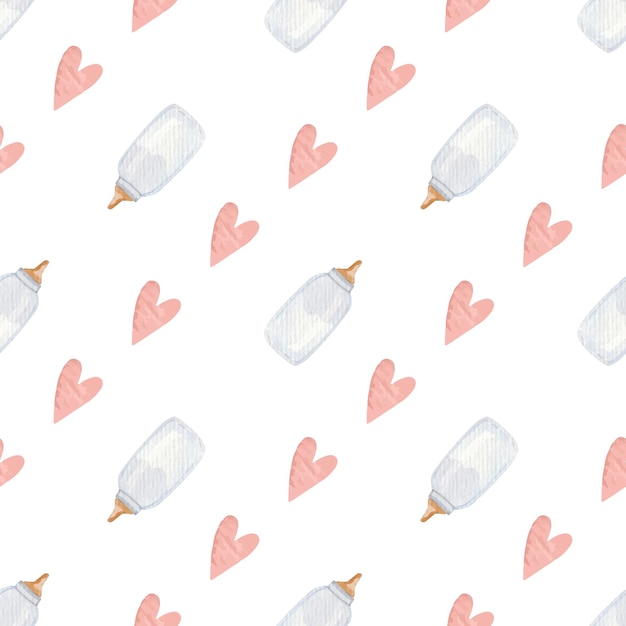 Cute baby seamless pattern with baby elements, bottles and hearts