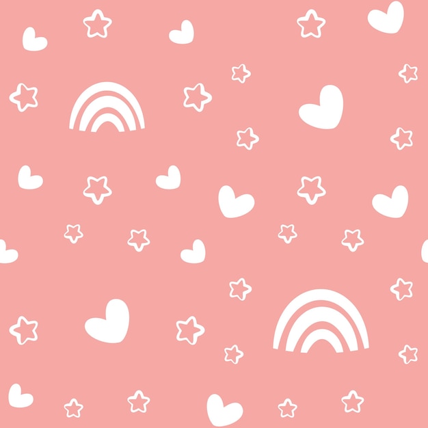 Cute baby seamless pattern with rainbow and stars on pink background