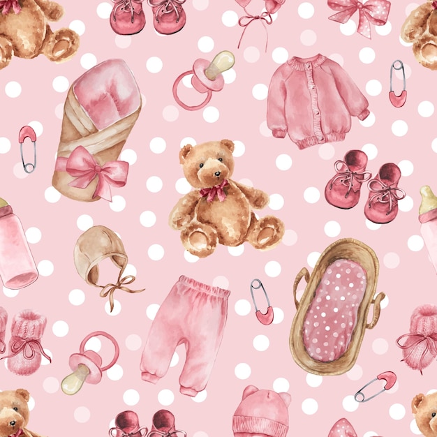 Cute baby seamless pattern with toys and accessories for girl