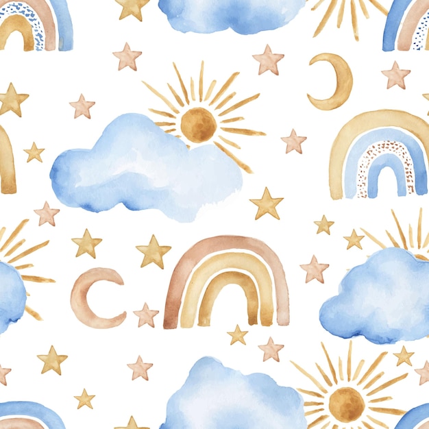 Cute baby seamless pattern with watercolor clouds and rainbows