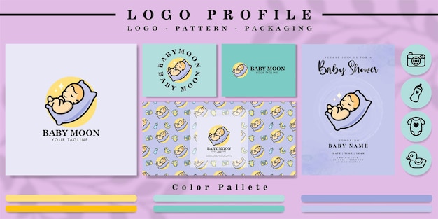 cute baby shop logo with pattern  and mockup invitation icon for branding