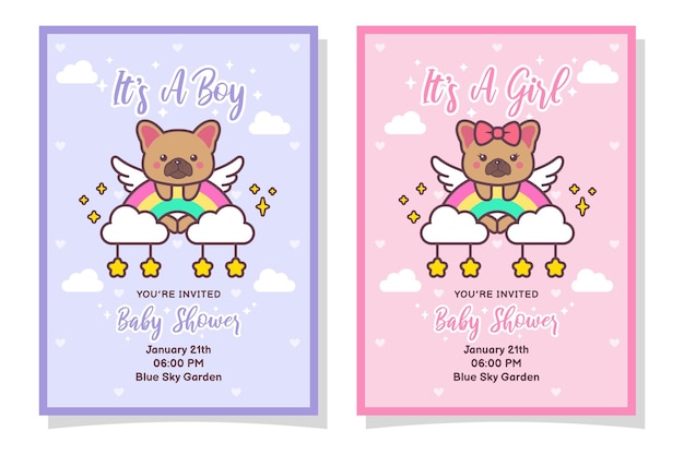 Cute Baby Shower Boy And Girl Invitation Card With French Bulldog Dog, Cloud, Rainbow, And Stars