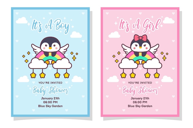 Cute Baby Shower Boy And Girl Invitation Card With Penguin Bird