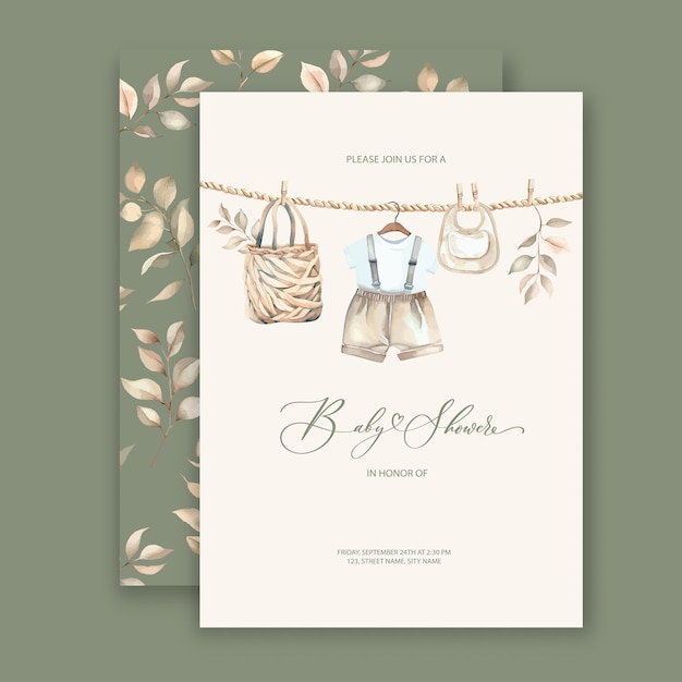 Cute baby shower watercolor invitation card for baby and kids new born celebration with baby clothes