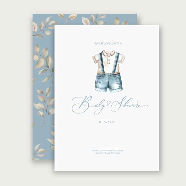 Cute baby shower watercolor invitation card for baby and kids new born celebration with baby clothes