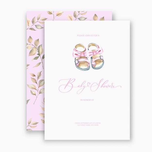 Cute baby shower watercolor invitation card for baby and kids new born celebration with baby shoes