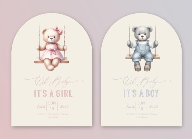 Cute baby shower watercolor invitation card with bear Hello baby calligraphy