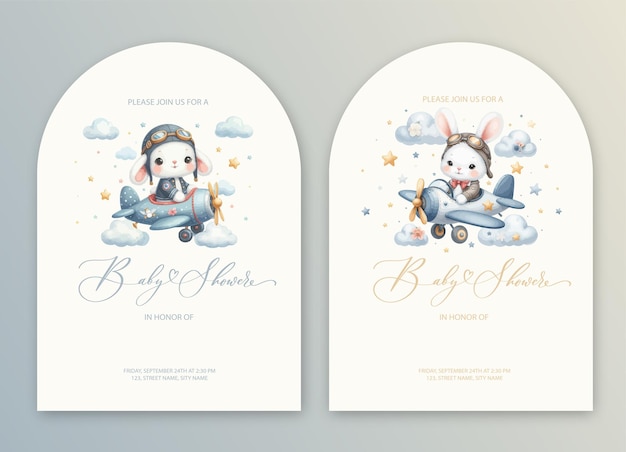 Vector cute baby shower watercolor invitation card with rabbit pilot on an airplane hello baby calligraphy