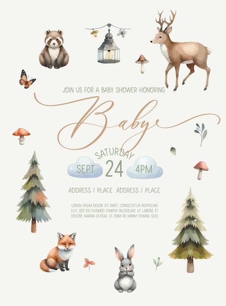 Vector cute baby shower watercolor invitation card with wild forest animals