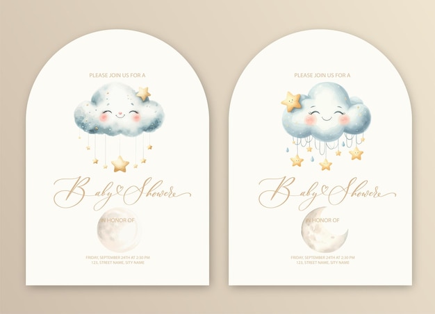 Cute baby shower watercolor invitation with cloud and stars