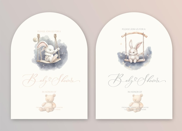 Vector cute baby shower watercolor invitation with plush bunny rabbit toys