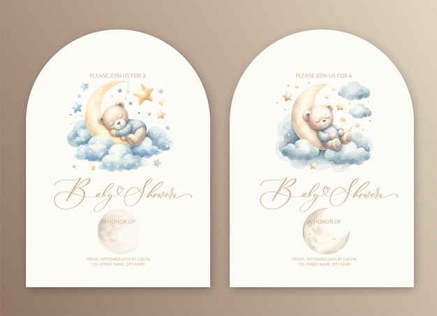 Cute baby shower watercolor invitation with plush teddy bear toy sleep on cloud