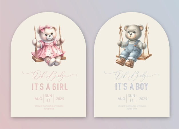 Cute baby shower watercolor invitation with teddy bear