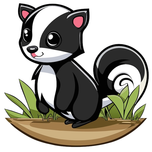 Cute baby skunk sitting in the grass hand drawn cartoon sticker icon concept isolated illustration