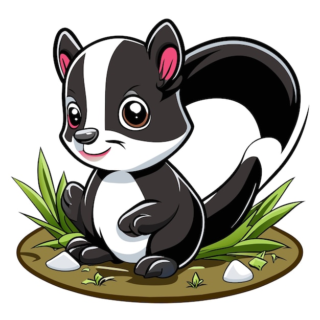 Cute baby skunk sitting in the grass hand drawn cartoon sticker icon concept isolated illustration