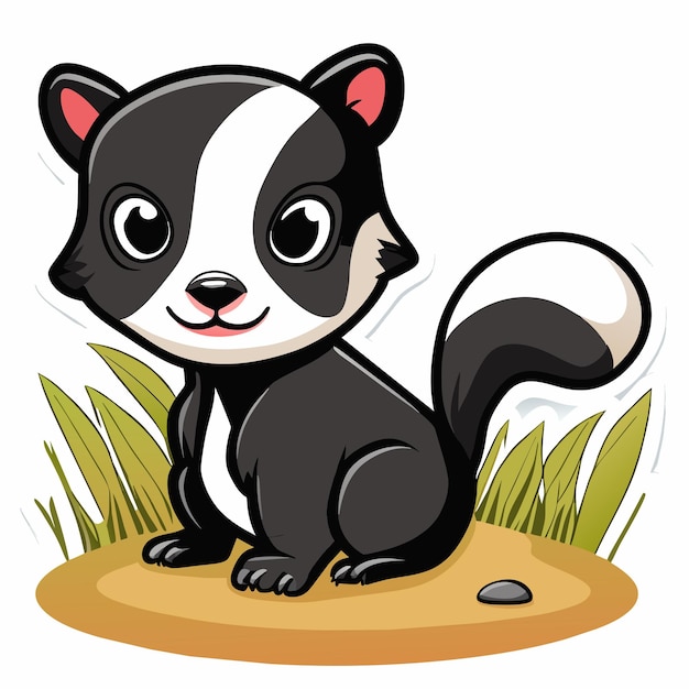 Cute baby skunk sitting in the grass hand drawn cartoon sticker icon concept isolated illustration