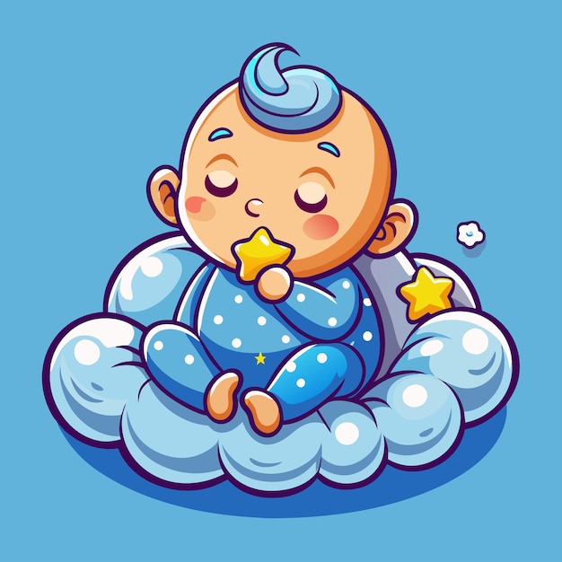 Vector cute baby sleeping on cloud pillow cartoon icon illustration