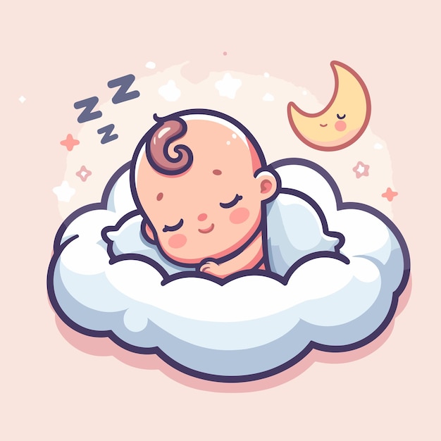 cute baby sleeping on cloud pillow cartoon illustration