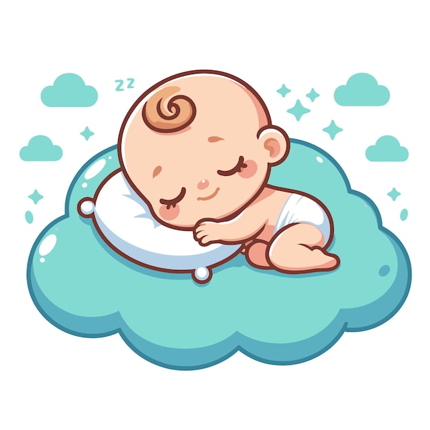 cute baby sleeping on cloud pillow cartoon illustration