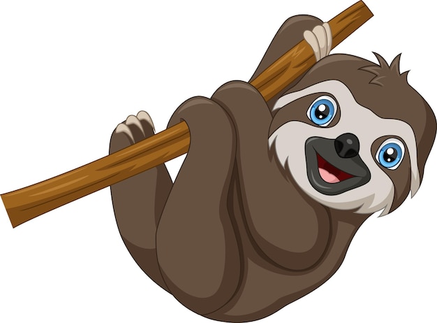 Cute baby sloth cartoon hanging on tree branch