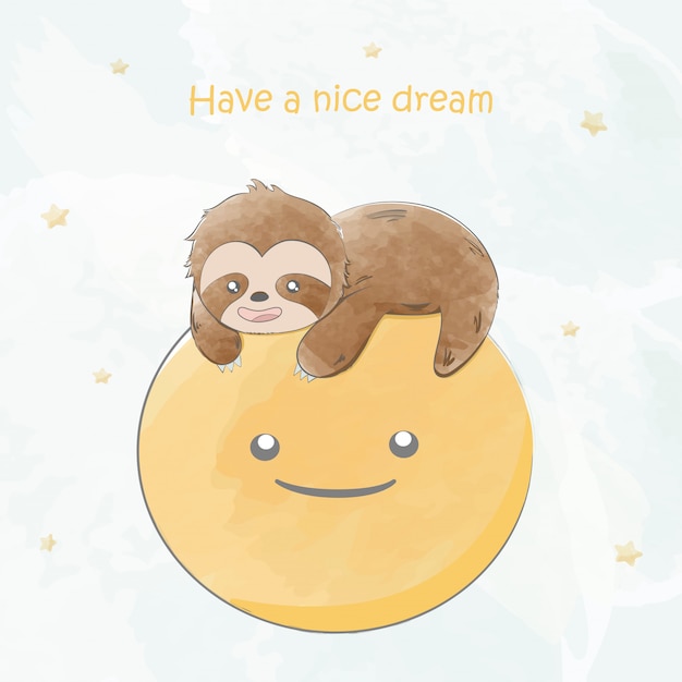 Cute baby sloth on the moon water color cartoon hand drawn