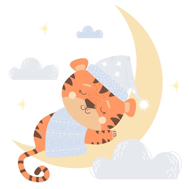 Cute baby tiger boy in nightcap sleeps on moon next to blue clouds Decorative Vector Baby animal