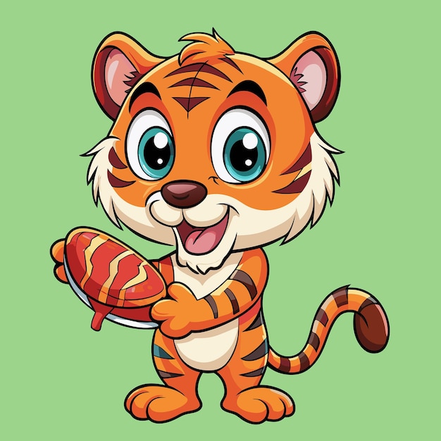 Vector cute baby tiger delightedly holding a juicy steak cartoon vector illustration