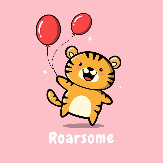 Cute baby tiger holding balloons cartoon illustration Cute kawaii animal character