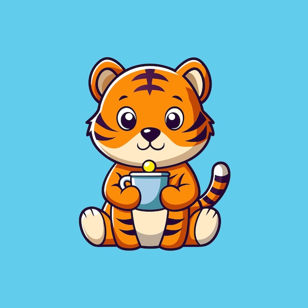 cute baby tiger hug coffee cup cartoon illustration