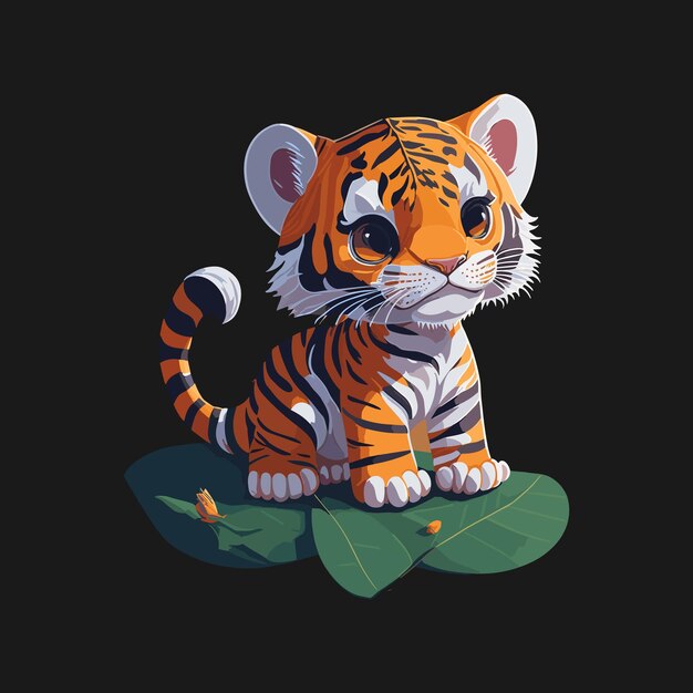 Cute Baby Tiger Playing in the Leaves Illustration Vector Artwork