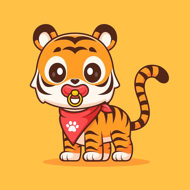 Cute Baby Tiger Wearing Pacifier Cartoon Vector Icon Illustration Animal Nature Icon Isolated Flat