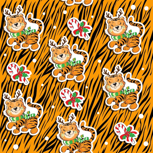 Cute baby tiger with Christmas deer horns seamless pattern Vector illustration of a cartoon