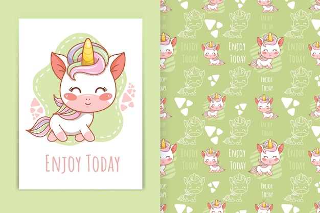 Cute baby unicorn cartoon kawaii style and seamless pattern set